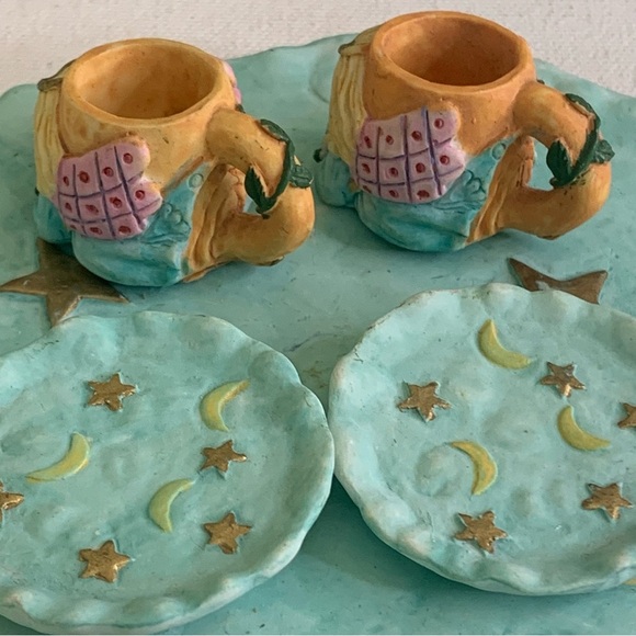 Miniature Tea Set Angels Tea Cups Plates Moon Stars Resin VTG 1995 Young's Inc - Picture 9 of 16